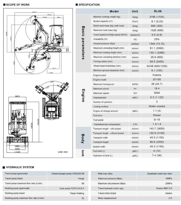 Minilæsser RL06 - Kubota motor